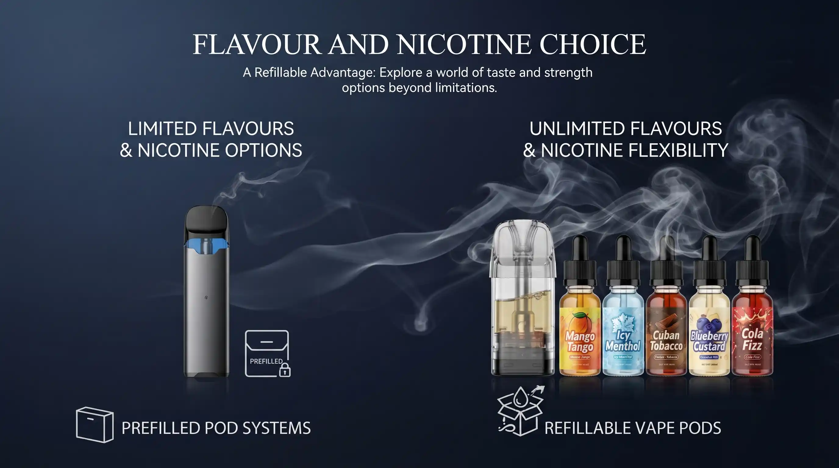 Flavour and nicotine choice in vape pods and kits
